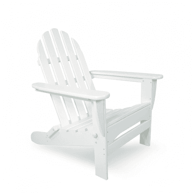 A classic white Adirondack chair, featuring a wide, slatted fan-shaped backrest and a slatted seat. It has broad, flat armrests and a characteristically reclined posture, designed for outdoor relaxation. The chair appears to be made of painted wood or a durable wood-composite material. — 3D model (AI enhanced source)