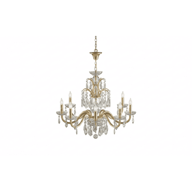 A classic, multi-tiered brass-tone chandelier adorned with an abundance of clear crystal prisms and drops. It features eight candelabra-style light sources distributed across two levels, with an ornate central column and elegantly curved arms. The fixture is suspended by a chain from a ceiling canopy. — 3D model (AI enhanced source)