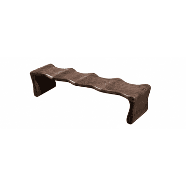 A wooden bench with a flowing, undulating design, resembling waves or curves. The bench has a single, continuous form from its curved seat to its supporting legs, which are integrated into the overall structure. The surface exhibits a wood grain pattern. — 3D model (AI enhanced source)