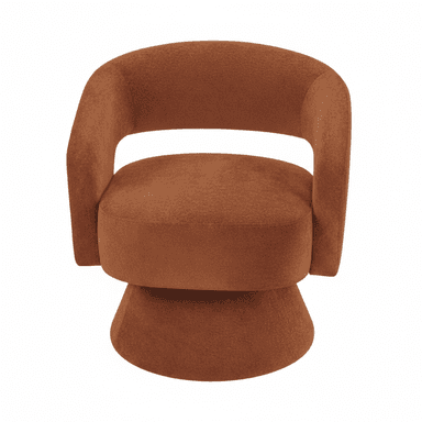 A modern armchair with a rounded silhouette and a swivel base. The armchair features upholstered curved arms that blend seamlessly into the backrest, creating a continuous, enveloping form. The seat and back are integrated into a single unit, and the piece rests on a flared, disc-like swivel base. — 3D model (AI enhanced source)