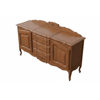 A classic French Provincial style wooden sideboard with a rich, warm brown finish. It features a serpentine front, cabriole legs, and ornate brass hardware. The top edge is scalloped, and intricate floral and scroll carvings adorn the drawer fronts and side cabinet panels. The piece offers three central drawers flanked by two cabinet doors, providing ample storage. — 3D model (AI enhanced source)