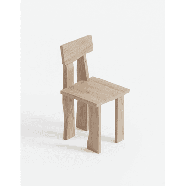 A minimalist accent chair constructed from light-toned solid wood, featuring a blocky and robust design. The chair has a square seat and a rectangular backrest that is attached with two vertical supports. The four legs are thick and subtly curved, contributing to a rustic yet modern aesthetic. The natural wood grain is visible throughout the piece, emphasizing its material and simple construction. — 3D model (AI enhanced source)
