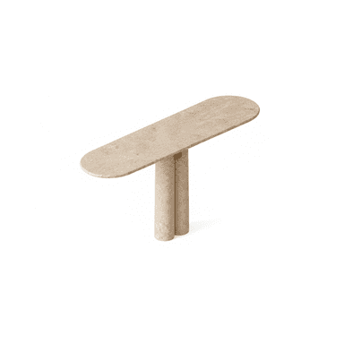 A contemporary accent table featuring an oblong, rounded-edge tabletop supported by two cylindrical legs, all crafted from light-colored travertine stone. The design is minimalist and sculptural. — 3D model (AI enhanced source)