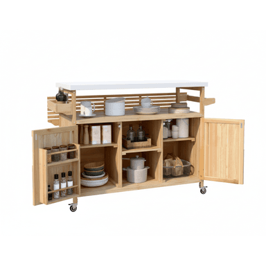 A light-toned pine wood rolling kitchen island featuring a white rectangular countertop. The unit includes open shelving, two enclosed cabinet sections with doors, and integrated spice racks on the interior of the cabinet doors. It is equipped with caster wheels for mobility and has a slatted back panel. — 3D model (AI enhanced source)