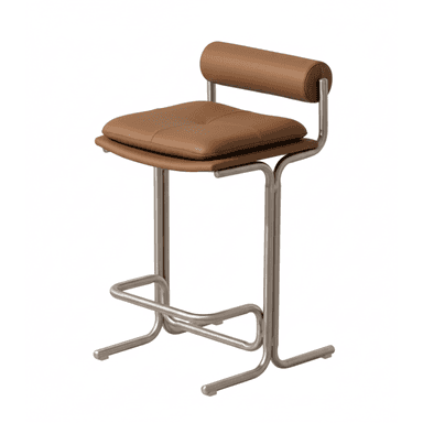 A modern bar stool with a brushed metal frame and a padded seat and backrest upholstered in brown leather. The frame features a U-shaped base with horizontal footrests and curved supports leading to the seat and a cylindrical backrest. — 3D model (AI enhanced source)