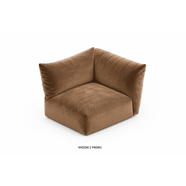 A modular corner sofa section upholstered in a rich brown, plush velvet-like fabric, characterized by a low profile, soft lines, and generous padding for a comfortable and contemporary aesthetic. — 3D model (AI enhanced source)
