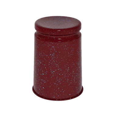 A robust, cylindrical object with a speckled red enamel finish, designed to function as a stool or accent table. It features a flat top surface and a consistent cylindrical body. — 3D model (AI enhanced source)