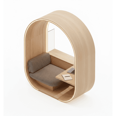 A modern, self-contained acoustic work pod featuring a light wood curved exterior, integrated upholstered seating, a built-in desk surface, and internal LED lighting. — 3D model (AI enhanced source)