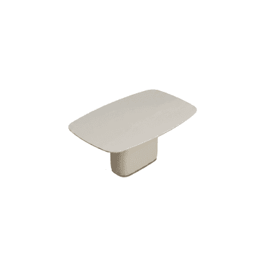 A contemporary dining table featuring a spacious, rounded rectangular top in a light, neutral tone, supported by a substantial, rectangular pedestal base. The base includes a subtle metallic trim at its bottom edge, likely brass or a gold-tone finish. The overall design is minimalist and sleek. — 3D model (AI enhanced source)