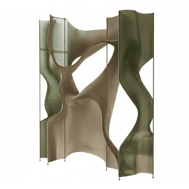 A modern, sculptural room divider composed of multiple translucent, undulating mesh panels in varying shades of green and brown. The panels are supported by slender vertical rods, creating a fluid, organic form designed to softly delineate space. — 3D model (AI enhanced source)