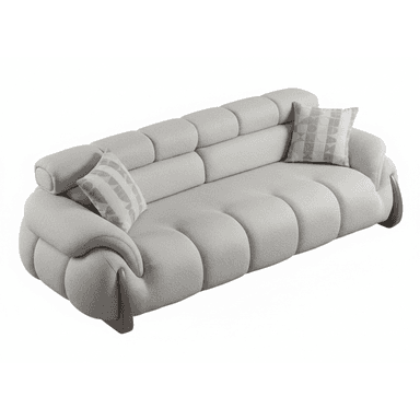 A modern, large, light gray upholstered sofa featuring distinct rounded, segmented cushions and a channel-tufted backrest. The base has visible wooden or dark-colored curved supports. Two decorative throw pillows are included. — 3D model (AI enhanced source)
