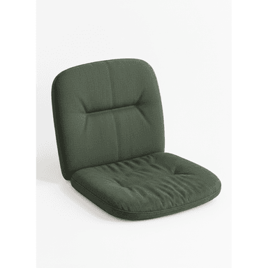 A two-piece upholstered cushion set, comprising a distinct seat cushion and a separate backrest cushion, both covered in a dark green woven fabric with stitched details. — 3D model (AI enhanced source)