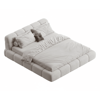 A light gray upholstered platform bed featuring an integrated padded headboard and a low-profile base, designed for modern interiors. — 3D model (AI enhanced source)