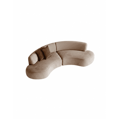 A curved, sectional sofa with a modern design. It features a soft, upholstered finish and appears to be modular, consisting of at least two connected sections. Two accent pillows in a contrasting darker shade are placed on one section. — 3D model (AI enhanced source)