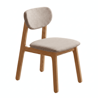 A contemporary dining chair featuring a light-toned solid wood frame and upholstered seat and backrest. The design is minimalist with clean lines and rounded edges, characteristic of modern or Scandinavian aesthetics. — 3D model (AI enhanced source)