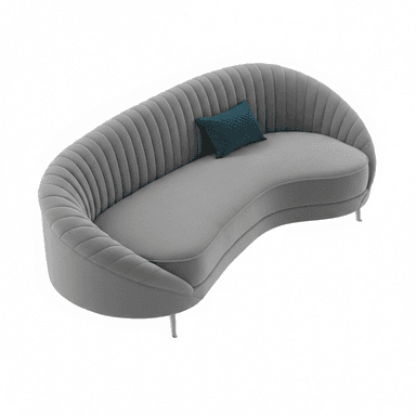 A contemporary curved loveseat featuring a light grey velvet upholstery with a distinctive channel-tufted backrest and armrests. It has a single, elongated seat cushion and is supported by slender, tapered golden metal legs. A small teal accent pillow is included. — 3D model (AI enhanced source)