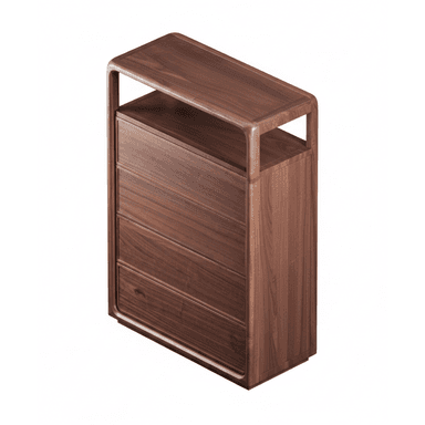 A tall, slender chest of drawers crafted from dark walnut wood, featuring four drawers and an integrated open shelf at the top. The design is characterized by its minimalist aesthetic, with softly rounded edges and recessed drawer fronts that create a clean, handle-less appearance. The top surface extends slightly over the open compartment, forming a C-shaped frame on the sides. The rich, deep brown of the walnut showcases its natural grain patterns, contributing to a sophisticated and contemporary look. The unit stands on a subtle, recessed base. — 3D model (AI enhanced source)