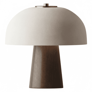 A modern table lamp featuring a large, domed shade made of a textured off-white fabric, resting on a conical base crafted from dark-stained wood. A small brass detail connects the shade to the base at the top. The overall design is minimalist and contemporary. — 3D model (AI enhanced source)