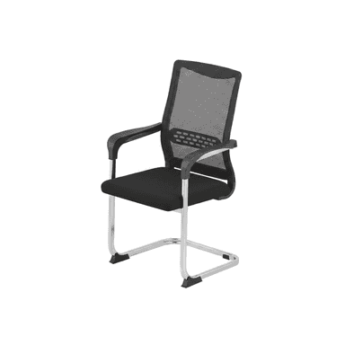 A modern office guest chair featuring a black mesh back, a padded fabric seat, and sleek chrome-finished metal armrests and cantilever base. The design emphasizes contemporary aesthetics and practical use in professional environments. — 3D model (AI enhanced source)