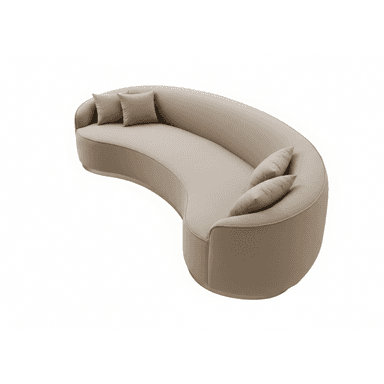 A modern, curvilinear sofa upholstered in a light beige or taupe fabric, featuring a low, continuous backrest and a metallic plinth base. It comes with matching throw pillows. — 3D model (AI enhanced source)