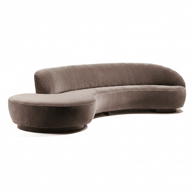 A modern, curvilinear sectional sofa upholstered in a luxurious brownish-grey (taupe) velvet fabric. It features a continuous, gently curved backrest and an integrated, circular chaise lounge element at one end. The sofa rests on a discreet, recessed dark base, giving it a low-profile and floating appearance. — 3D model (AI enhanced source)