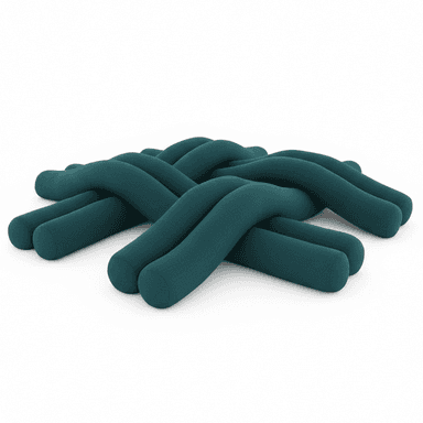 A contemporary low-profile ottoman constructed from multiple thick, tubular segments that are braided and intertwined, upholstered in a dark teal fabric. — 3D model (AI enhanced source)