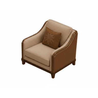 A sophisticated armchair featuring a dual-material upholstery design. The main body and seat cushions are covered in a light beige fabric, while the outer arms and back are paneled with a warm brown leather, accented with contrasting stitching. An exposed dark wood frame outlines the chair's silhouette, extending to the front legs which exhibit carved detailing. A decorative throw pillow with an embroidered palm frond design sits on the seat. — 3D model (AI enhanced source)