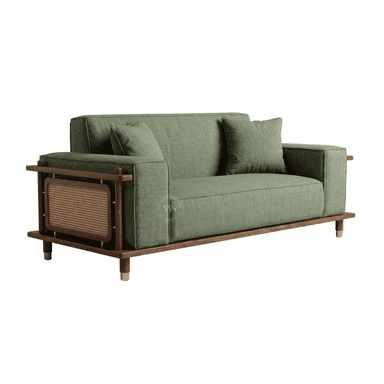 A two-seater sofa featuring a robust dark wooden frame with integrated armrests that include decorative cane webbing panels. The sofa is upholstered in a muted green fabric with plump seat, back, and throw cushions. It stands on short, tapered wooden legs capped with brass accents. — 3D model (AI enhanced source)
