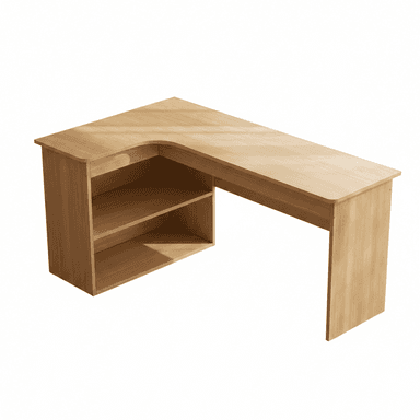 An L-shaped corner desk made of light wood-tone laminate, featuring integrated open shelving. — 3D model (AI enhanced source)