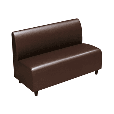 A brown, armless two-seater commercial booth seat with a gently curved backrest and short, dark tapered legs. — 3D model (AI enhanced source)