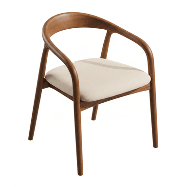 A modern dining armchair featuring a solid wood frame with a continuous, curved backrest and integrated armrests. The seat is upholstered in a light-colored fabric. The chair stands on four slender, tapered wooden legs. — 3D model (AI enhanced source)