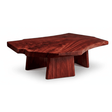 A low-profile coffee table crafted from a single slab of rich reddish-brown solid wood, featuring a live edge tabletop that retains the natural organic shape of the tree. The table is supported by two thick, geometric block-like legs that provide a sturdy and minimalist base, complementing the natural aesthetic of the top. — 3D model (AI enhanced source)