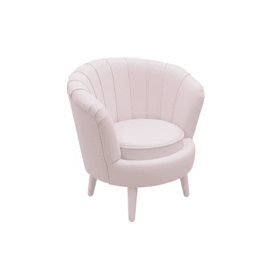 A light pink armchair with a scalloped backrest and a round seat cushion. The chair has four white, tapered legs. The upholstery appears to be a soft fabric, possibly velvet or a similar plush material. — 3D model (AI enhanced source)