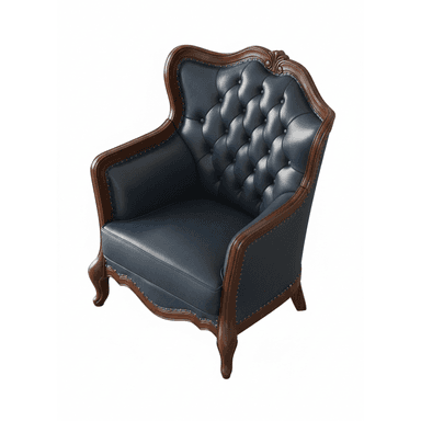 A luxurious armchair rendered in a Rococo style, featuring a dark, elaborately carved wooden frame and rich navy blue tufted leather upholstery, accented with metallic nailhead trim. — 3D model (AI enhanced source)
