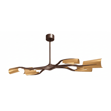 A modern chandelier featuring a sculptural, wavy frame with a bronze finish, adorned with multiple curved golden brass shades that diffuse light. The design is fluid and organic, suspending from a single stem and circular canopy. — 3D model (AI enhanced source)