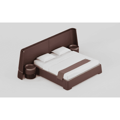 A contemporary upholstered platform bed featuring a broad, angled headboard that extends to either side, integrating cylindrical nightstands. The bed frame, headboard, and nightstands are all upholstered in a dark brown material, likely leather or faux leather. The headboard has subtle paneling and is accented with brass-toned strips and fasteners. The cylindrical nightstands each feature a brass-toned tray top and a lower compartment, possibly with a drawer. The bed is dressed with white bedding and a brown throw blanket. — 3D model (AI enhanced source)