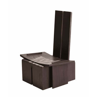 A dark wood chair featuring a highly geometric and architectural design. The backrest is composed of two tall, separated rectangular panels. The seat is a broad, flat panel that appears to float above a solid, angular base constructed from interconnected wooden blocks. The wood has a visible grain and a deep, rich brown finish. — 3D model (AI enhanced source)