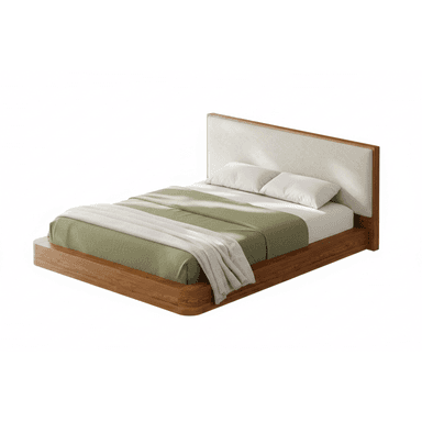 A modern platform bed featuring a rich wood-finished frame and a light-colored upholstered headboard. The bed has a low profile with a sturdy, rectangular base and gently rounded corners. The mattress is recessed within the frame, creating a streamlined look. The headboard is a simple, rectangular panel with a light-textured fabric, framed by the same wood finish as the base. — 3D model (AI enhanced source)