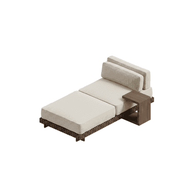 A modern chaise lounge featuring light-colored, plush fabric cushions on a distinctive dark wood slatted base, complemented by an integrated wooden side table. The design is low-profile and contemporary, suggesting a relaxed yet sophisticated aesthetic. — 3D model (AI enhanced source)