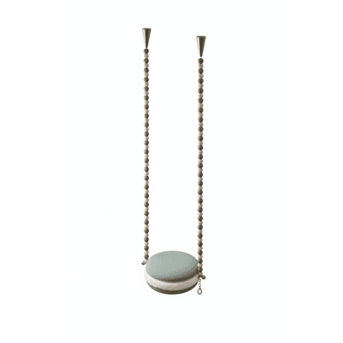 A contemporary indoor swing featuring a circular, padded seat upholstered in a mint green fabric. It is suspended by two long strands of alternating light and dark wooden beads, which attach to conical metal fixtures at the top and small metal loops on the seat's side. — 3D model (AI enhanced source)