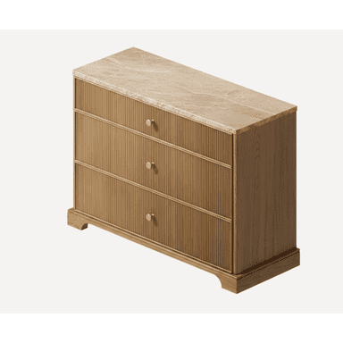A modern chest of drawers featuring three full-width drawers with reeded fronts, a beige marble top, and small circular brass pulls. The frame is made of light-toned wood and it stands on a recessed plinth base. — 3D model (AI enhanced source)