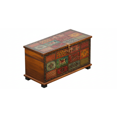 A rectangular wooden chest featuring an elaborate hand-painted design across its top and front surfaces. The painting consists of multiple square and rectangular panels, each with distinct colorful motifs including animals like tigers and horses, as well as floral and geometric patterns, arranged in a mosaic-like fashion. The side panels are left in a natural wood finish. The chest is equipped with a brass-toned latch on the front and sits on short, dark-colored feet. — 3D model (AI enhanced source)