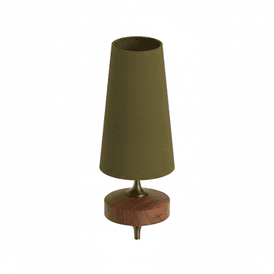 A Mid-Century Modern style table lamp featuring a solid, rounded walnut wood base, brass accents, and a tall, tapered olive green fabric shade. — 3D model (AI enhanced source)