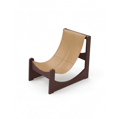 A modern sling-style lounge chair featuring a dark wood frame and a tan leather seat/back. The leather is stretched across the frame, forming a comfortable, reclined seating surface with visible stitching. — 3D model (AI enhanced source)