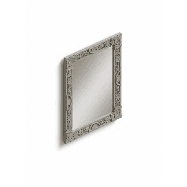 A rectangular wall mirror featuring an intricately carved frame with prominent floral and foliate motifs. The frame has a distressed, light gray or beige finish, giving it a weathered appearance. The mirror surface is clear, reflecting light without distortion. The carving detail is deep and covers the entire frame, including the corners, which are embellished with larger, more complex designs. — 3D model (AI enhanced source)