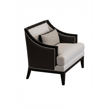 A contemporary armchair featuring a dark-finished wooden frame with contrasting white piping, upholstered in light-colored leather or faux leather. It includes a loose seat cushion and a patterned lumbar pillow. The chair has a subtly curved backrest and straight, tapered legs. — 3D model (AI enhanced source)