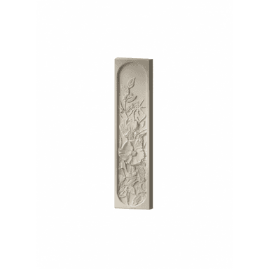A rectangular, vertically oriented decorative panel featuring a deeply sculpted floral relief design. The panel is made of a light-colored material, likely plaster or resin, with a matte finish. The relief depicts a dense arrangement of flowers, leaves, and possibly berries, set within an arched recess at the top of the panel, extending downwards. The overall aesthetic is classical or traditional. — 3D model (AI enhanced source)
