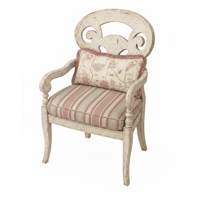 An off-white, distressed wooden armchair featuring a carved, ornate backrest with scroll motifs. It has a removable upholstered seat cushion with pink and green stripes, and a separate decorative back pillow with a floral and bird pattern. The chair's frame has gently curved armrests and legs, consistent with a French country or shabby chic aesthetic. — 3D model (AI enhanced source)