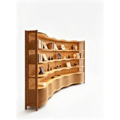 A large, freestanding bookshelf featuring a distinctive curved, wave-like design. It is constructed primarily from light-colored bamboo or a similar wood, with extensive use of woven cane panels on the ends and lower sections. The unit provides multiple open shelves that follow its undulating form, displaying books and various decorative objects. The overall aesthetic is organic and modern, emphasizing natural materials and fluid lines. — 3D model (AI enhanced source)