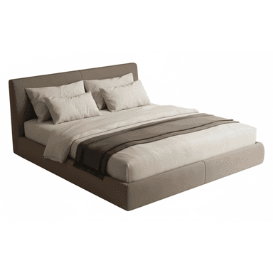 A modern upholstered platform bed featuring a low-profile frame and an integrated, softly padded headboard. The bed is covered in a smooth, neutral-toned fabric, possibly taupe or light brown, and is depicted with light-colored bedding and a dark gray throw blanket. — 3D model (AI enhanced source)